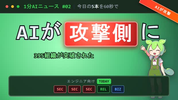 サムネイル。緑背景に「AIが攻撃側に」の文字と、右上に赤いリボン