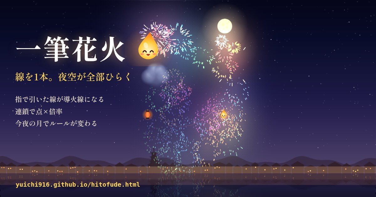 Hitofude Hanabi: fireworks shells hanging over a riverside town at night