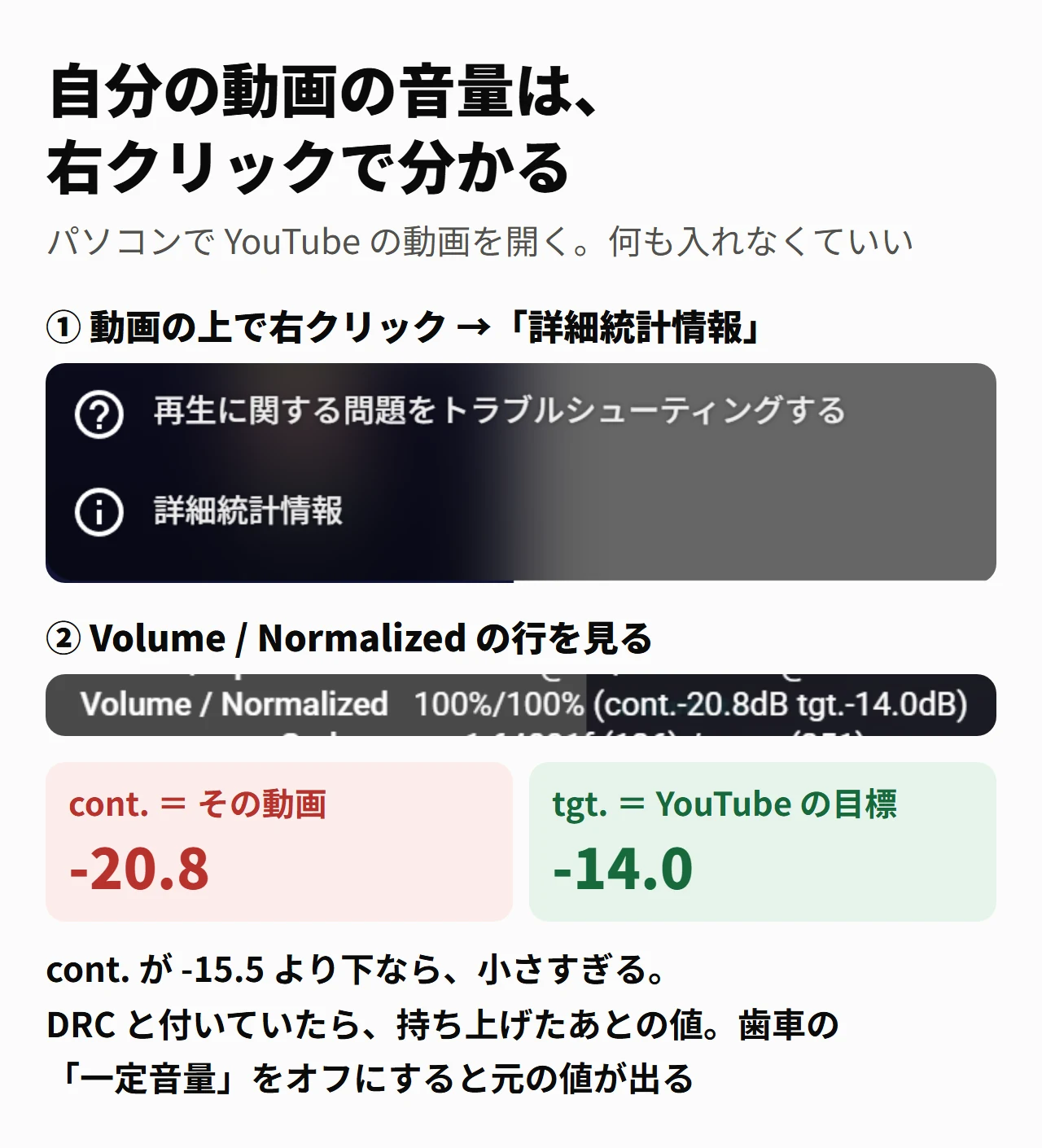 右クリックで「詳細統計情報」。cont. がその動画、tgt. が YouTube の目標
