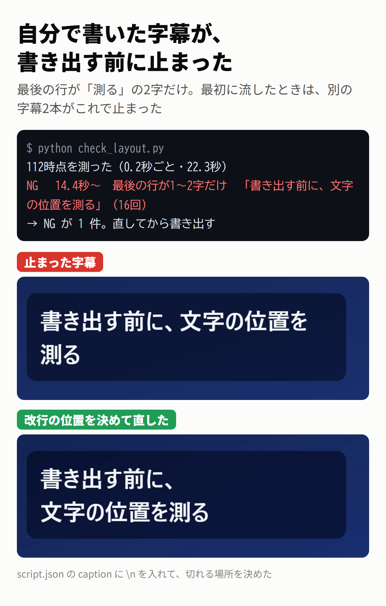 自分で書いた字幕が、書き出す前に止まった