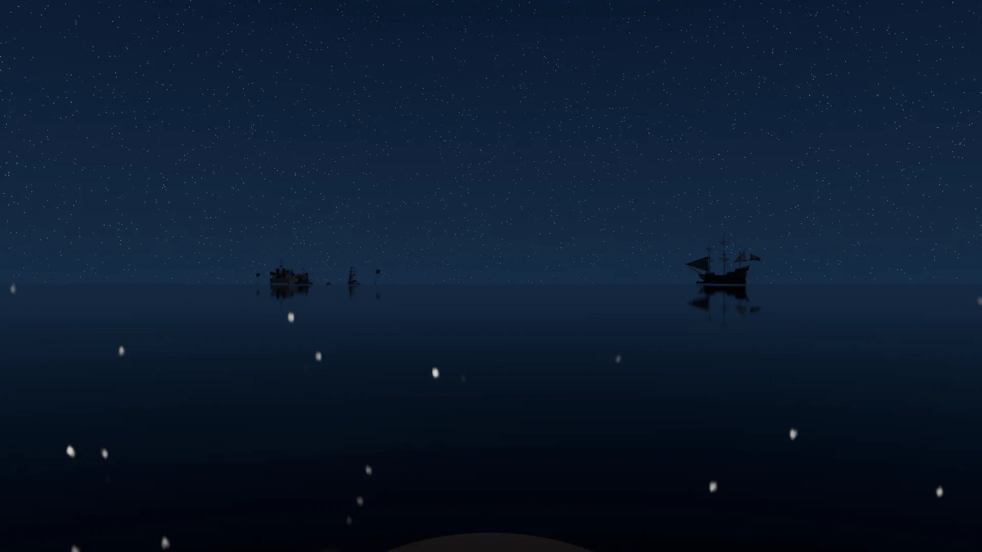 凪いだ夜の沖。水面に星が散っている。
