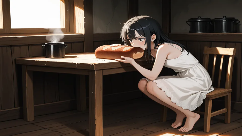飯屋の土間。少女が机の上のパンに、両手を添えたまま直接かじりついている。